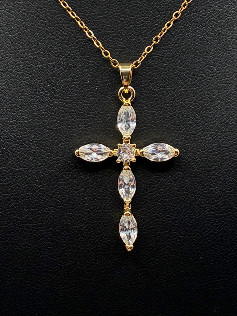Gold Cross Pendant Necklace with Clear Stones - Women Jewelry